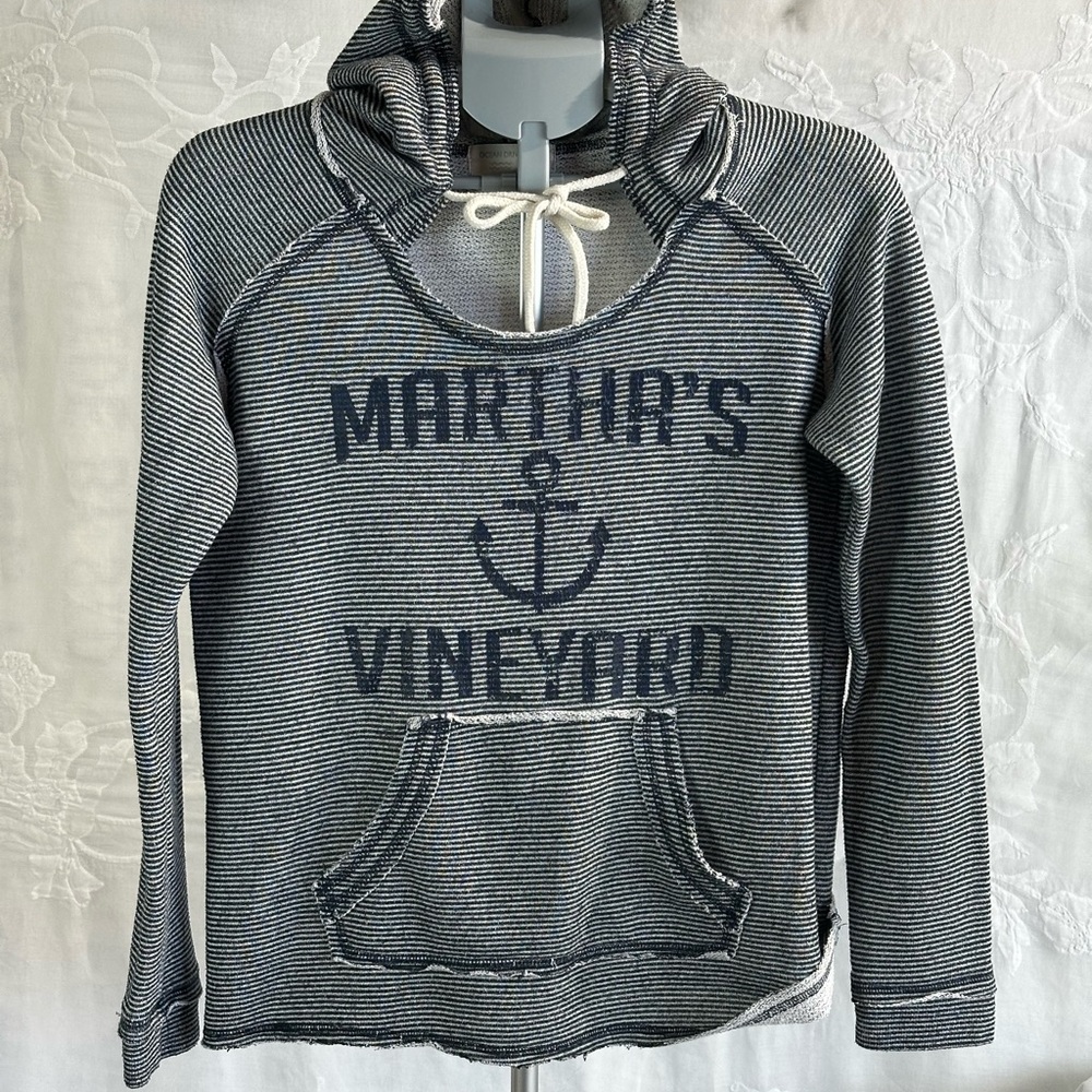 Ocean Drive Navy and White Striped Cowl Neck Long Sleeve W/Hoodie SzM - Picture 8 of 13